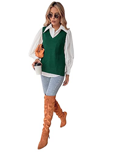 Romwe Women's V Neck Knit Sweater Vest Solid Split Side Sleeveless Loose Blouse Tank Top Green S #TOP16