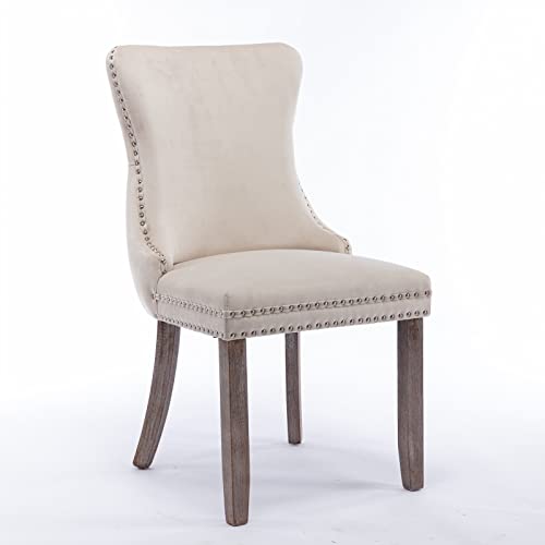 HomeTouch Lux Velvet Upholstered Kitchen Dining Chairs Set of 4 Tufted High Back Bedroom Office Chairs with Oak Wood Legs, Handcrafted (4, Beige) - Image 8