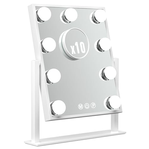 LZNIOZ Espejo de tocador recargable con aumento de 10 aumentos, espejo de maquillaje con 9 bombillas regulables, 3 modos de colores, control táctil, rotación de 360°, color blanco