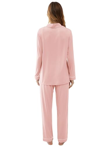 Image of Cherrydew Women's Bamboo Viscose Cooling Long Sleeve Button Up Pajama Set | Buttery-Soft Feel,Naturally Cool Comfort,Breathable Fabric,Lightweight & Flowy Feel