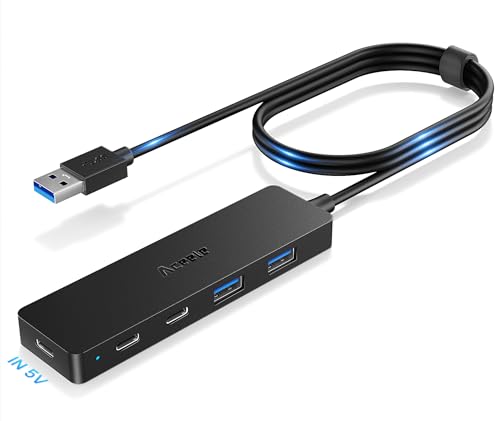 Aceele USB Hub 3.0 Splitter with 2 USB-C and 2 USB-A, 4 Ports Ultra-Slim Multiport Expander Adapter with 4ft Extension Long Cable Cord, USB Extender for Desktop, Computer, PC, Laptop, iMac and More