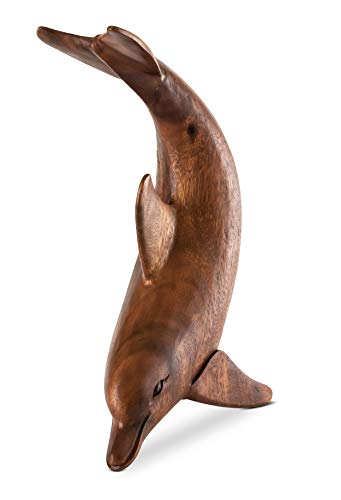 G6 Collection Wooden Hand Carved Dolphin Statue Sculpture Wood Decorative Home Decor Accent Figurine Handcrafted Handmade Seaside Tropical Nautical Ocean Coastal Decoration (Dancing Dolphin, 12") #TOP2