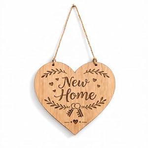 New Home Wooden Heart Plaque – Engraved Natural Wood Housewarming Gift – Rustic Hanging Keepsake Decoration