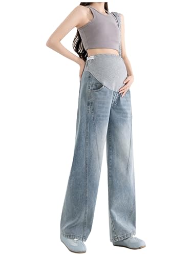 Yyuihri Pregnant Women's Denim Jeans with Adjustable Waist Straight Leg and Wide Leg Design Blue Large