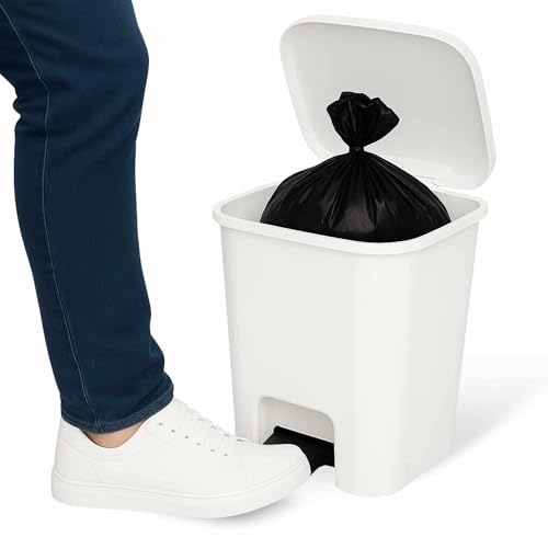 TECHZOCO Cubo basura plástico, Cubo basura apertura pedal, Papelera de pedal, cubo de Pedal, Basura para oficina, Libre BPA, 63.5 cm alto x 41 cm ancho x 36 cm fondo, Capacidad 50 Litros, Blanco
