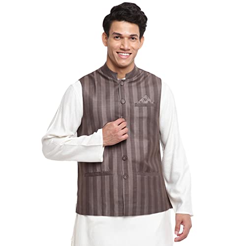 Fabindia Men Viscose Blend Striped Nehru Jacket Grey_M