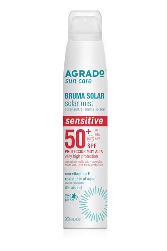 Agrado - Bruma seca solar sensitive SPF50+ | Resistente al agua | Formula Vegana | 200ml