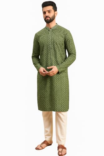 Image of Amazon Brand - Tavasya Men Rayon Geometric Embroidered Mandarin Collar Straight Kurta