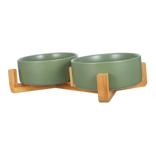 GRIRIW Dual Bowl Pet Feeder Ceramic Cat and Dog Bowl Wooden Stand Non-Slip for Easy Pet Feeding