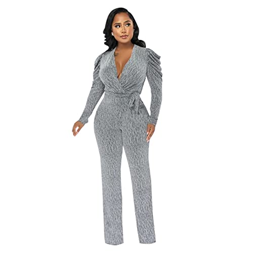Womens Sexy Long Ruffles Sleeve Deep V Neck Metallic Luster Bodycon Wide Leg Party Clubwear Jumpsuit Rompers With Belt #TOP3