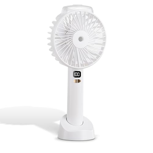 DAMUROS Mini Ventilador Portátil con Atomizador de Agua – 6 Velocidades, Pantalla LED, USB Recargable, Silencioso, Soporte para Móvil, Ideal para Exterior e Interior (Blanco)