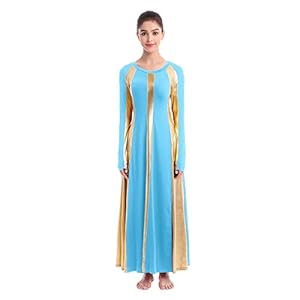 IBAKOM Womens Adult Metallic Gold Color Block Long Sleeve Praise Dance Dress Loose Fit Full Length Liturgical Lyrical Worship