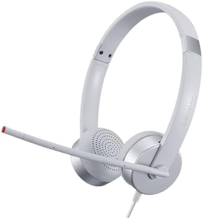Lenovo 100 Analog Stereo Headphones - Noise Isolating 180 Degree Microphone Designed for VOIP Adjustable Strap and Extendable Arm (Cloud Grey)