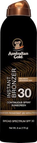 Australian Gold Continuous Spray Sunscreen with Instant Bronzer SPF 30, Immediate Glow & Dries Fast Water Resistant NonGreasy Oxybenzone Free Cruelty Free, Bronzer New, Orange, 6 Oz