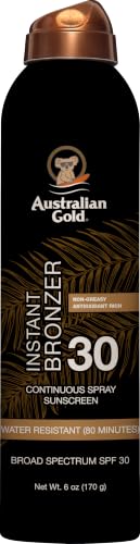 Australian Gold Continuous Spray Sunscreen with Instant Bronzer SPF 30, Immediate Glow & Dries Fast Water Resistant NonGreasy Oxybenzone Free Cruelty Free, Bronzer New, Orange, 6 Oz
