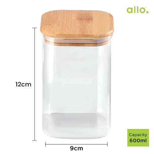 Image of Allo 600ML Kitchen Storage Box Glass Jars With Wooden Lids - Borosilicate Glass Food Storage Containers Airtight Glass Jar For Tea, Coffee, Spice, Pulses, Masala (Square Glass Jar - Set of 2)