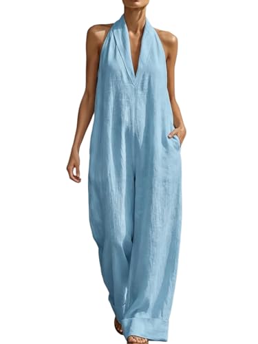 Combinaison en lin pour femme col en V sans manches et jambes larges