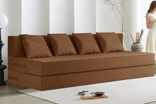 Image of Rosebell Foldable Easy Lightweight Four-Person Four Seater Sofa Cum Bed Jute Fabric Washable Cover- Including 4 Cushion - Size 6X6 Feet | Brown | Perfect for Living Room & Office