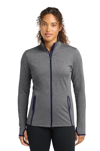 SPORT-TEK Women's Sport-Wick Stretch Contrast Full Zip Jacket, Charcoal Grey Heather/True Navy, S