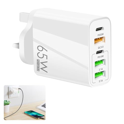 Image of 65W 5-Port USB Fast Charger,Multi-Port Quick Charge Adapter,USB Plug Charger,for Iphone/Samsung/Huawei/Tablet,Wall Plug Multi 65W Fast Charging Plug(White)
