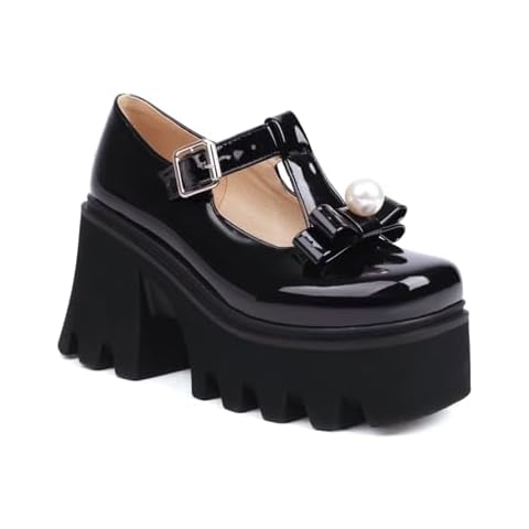 DOBOYG Womens Fashion Shoes Round Toe Platform Ankle Strap Chunky Heel Black Uniform Dress Pumps Shoes Platform T-Strap Bowknot Pearl Decoration Shoes Cover