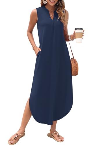 Image of AUSELILY Womens Summer Casual Maxi Dresses 2026 Sleeveless Long Beach Dresses V Neck Loose Sundresses with Side Split Pockets
