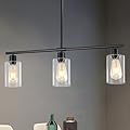 Webfkh Kitchen Island Lighting,3 Lights Farmhouse Linear Chandeliers for Dining Room,Hanging Rectangle Pendant Light Fixtures with Glass Shades,Black Island Lights for Kitchen Ceiling
