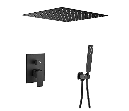 VALAZ Ducha Encastrada Negro Mate | Ducha Monomando 2 Vías, Rociador Efecto Lluvia | Instalación en Techo Fácil y Rápida | Inoxidable, Cuadrada, Rociador 30 cm, Serie Tajo