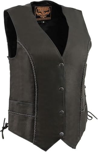 Milwaukee Leather Women's Black SH2045 Thin Braid Leather Side Lace Motorcycle Biker Vest- Snap Front Closure