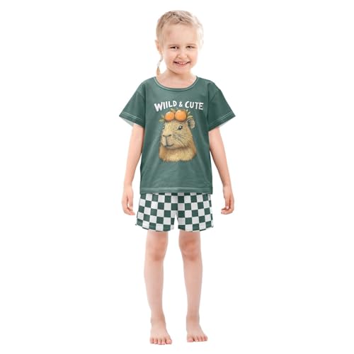 Checkerboard Plaid Orange Crowned Capybara Pajama Set Short Sleeve Summer Pajamas Shorts Sets PJ Clothes Set Soft 5Y3