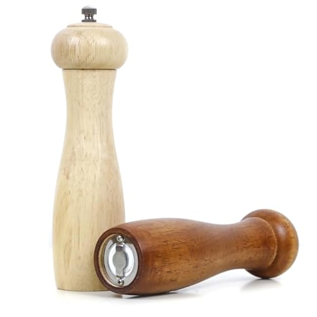 Wooden Salt and Pepper Grinder Set, 8 Inches Salt Grinder with Adjustable Coarseness Pepper Mill, Refillable Manual Salt Grinder, Oak Wood Salt and Pepper Grinder Mill for Kitchen - 2 Pack