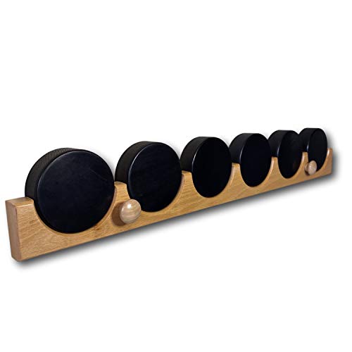 Diochey Creations Hockey Puck Display Wall Rack Holder for 6 Pucks | Natural Beech Finished Wood with Smooth Grooves