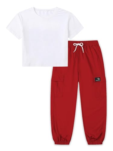 Image of Betusline Girls 2 Piece Set, White Cute Short Sleeve Crop Tops + Red Cargo Jogger Pants Clothes, 13-14Y = Tag 170