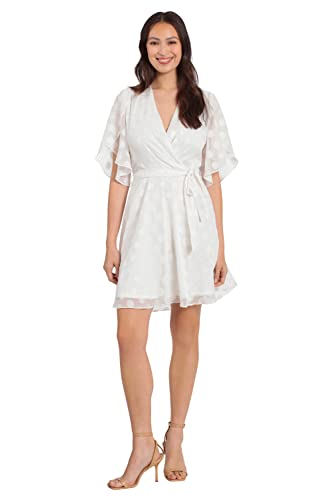 Image of London Times Women's Women's Dresses Pleat Tucks Surplice Draped Sleeve Flare Dress Guest of Occasion