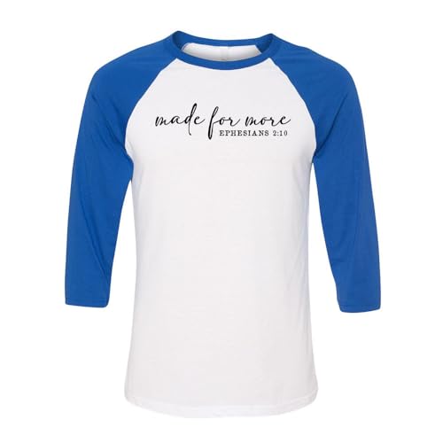 TeesAndTankYou Made for More Christian Three-Quarter Raglan Sleeve Baseball Shirt Unisex X-Large White/Royal