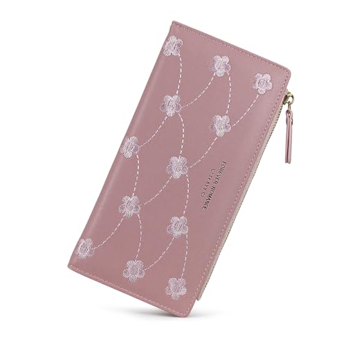 Ladies Wallets, PU Leather Womens Wallet Credit Card Holder for Women and Girls, Long Wallet Women's Wallets with Flower Embroidery for Bank Cards, Cash, Receipts (pink)
