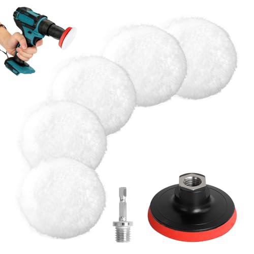 AiQInu 80mm Tampon Polissage En Laine, Jeu de disques de polissage 7 pièces, Pour Le Polissage Et Le Cirage De Voiture, Avec M14 Adaptateur De Perceuse