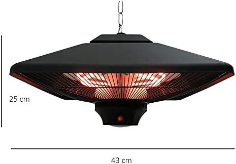 Outsunny Hanging Electric Patio Heater with 2 Power Settings, 2000W Waterproof Ceiling Mounted Aluminium Halogen Infrared Outdoor Heater Warmer with LED Light and Remote Control, Black