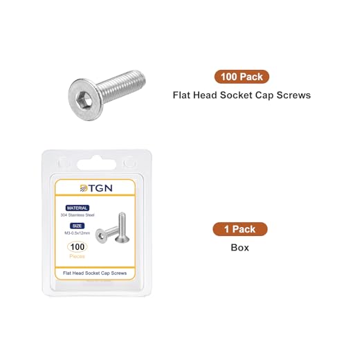 Image of DTGN M3-0.5 x 12mm Flat Head Socket Cap Screws, 100 Pack 304 Stainless Steel Hex Socket Flat Head Screws, Full Thread, Countersunk Bolts