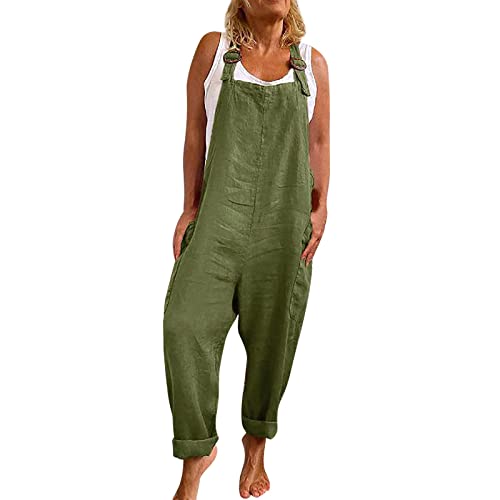 Peto de tela de verano para mujer, mono, elegante, de pierna ancha, pantalones de tela de gran tamaño, pantalones de lino holgados, pantalones de lino ligeros, peto, pantalones con tirantes, mameluco,