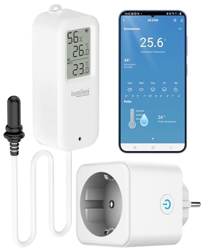 Luminea Home Control Wlansteckdosen: WLAN-Temperatur-/Luftfeuchtigkeitsmesser mit WLAN-Steckdose, App (Thermometer Hygrometer mit Fühler, Hygrometer...