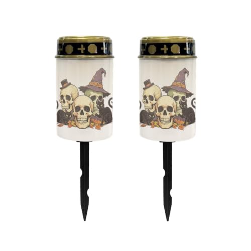 Image of Poceacles Solar Lights Outdoor Grave Candle for Cemetery Decoration Solar Outdoor Lights for Garden Lawn Backyard Pathway Decor, Skull Black Cat Leaf Print, Pack of 2