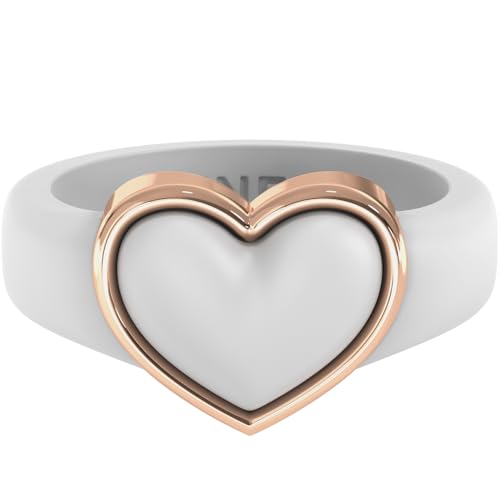 Rinfit Silicone Ring for Her - Stainless Steel Heart - Rubber Wedding Bands for Women - White/RoseGold, Size 8