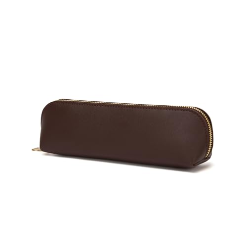 Image of Pencil Case Small Pencil Pouch Slim Zipper Pen Holder School Office College(Dark Brown,Faux Leather)