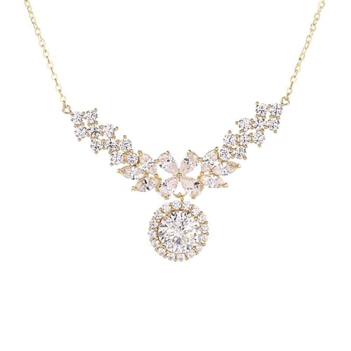 14K Gold D-color Round Cut Diamond Collarbone Necklace for Women, Ideal Gift for Your Beloved Wife, Choice for Special Occasions or Romantic Evenings Out,15.35+1.57