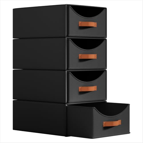Homsorout Closet Organizers and Storage - Large Stackable Storage Bins with Drawer, Fabric Bins for Organization, Collapsible Storage Drawers Organizer for Bedroom, Living Room, 4 Pack, Black