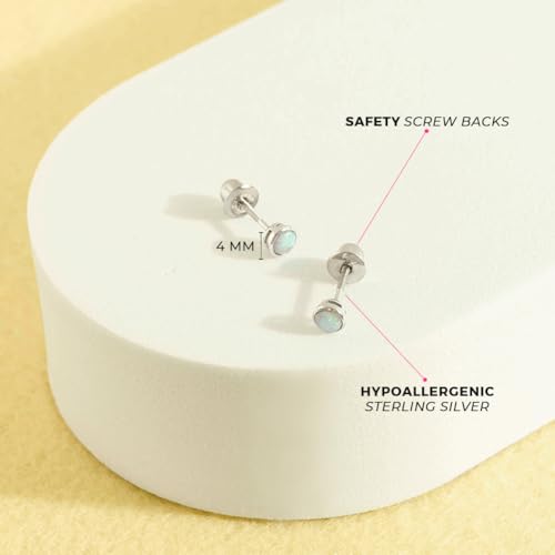 925 Sterling Silver Bezel Set Simulated Opal Safety Screw Back Earrings For Toddler and Little Girls - Children's Small Simulated Opal Earrings - Dainty Earrings for Toddler Girls4