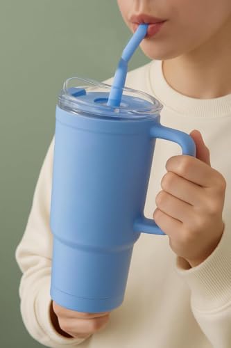 Image of Large Handle Water Bottle with Straw for Desk, Office, Travel - 1200 /900 /300 ML Gradient & Matte Hydration Bottle Set (Sky Blue)