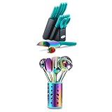 DISHWASHER SAFE KYA27 Rainbow Titanium Cutlery Knife Set with Wooden Block + KYA52B 7 PCS Stainless
