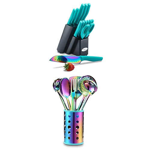 Dishwasher Safe Kya27 Rainbow Titanium Cutlery Knife Set With Wooden Block + Kya52B 7 Pcs Stainless Steel Cooking Utensils Sets With Titanium Plated #TOP5